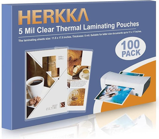 HERKKA 100 Pack Laminating Sheets, Hold 11 x 17 Inch Sheet, 5 Mil Clear Thermal Laminating Pouches 11.5 x 17.5 Inch Lamination Sheet Paper for Laminator, Round Corner