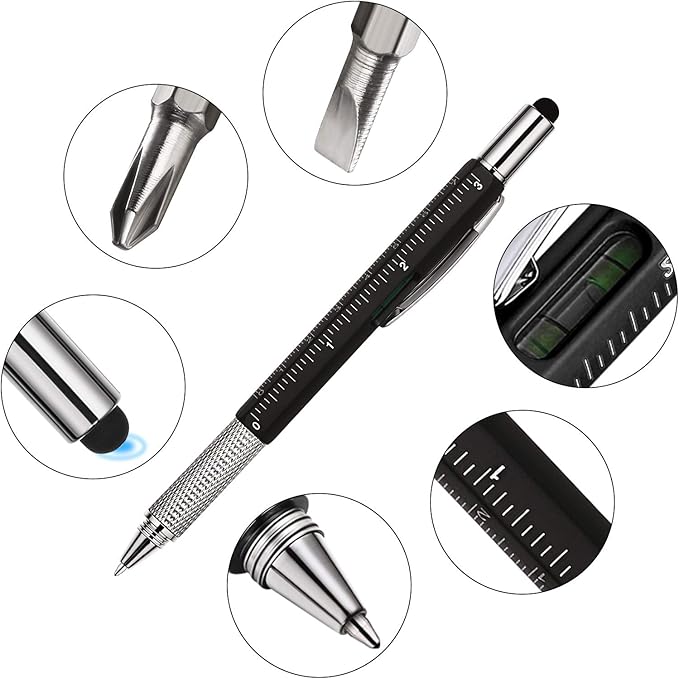 Zhanmai 8 Pcs Gift Pen for Men 6 in 1 Multitool Tool Pen with Refills Screwdriver, Ruler, Levelgauge,Fathers Christmas Graduation party Supplies(Black)