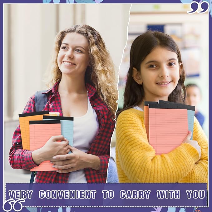 Lincia 24 Pcs 5" x 8" Colored Note Pads Mini Legal Pads Ruled 50 Sheets Per Micro Writing Pads Perforated and Lined for College Office Supplies (Bright Colors)