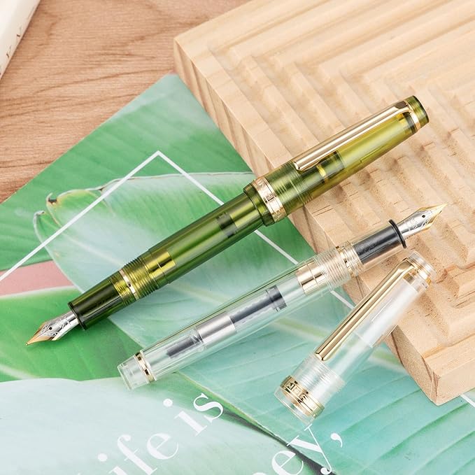 Jinhao 82 Acrylic Fountain Pen, Iridium Fine Nib with Ink Converter, Transparent Unique Design Smooth Writing Pen (Gold Trim)