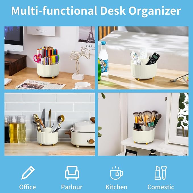 Marbrasse Desk Organizer, 360-Degree Rotating Pen Holder, 5-Compartment Pencil Organizer, Art Supply Storage Box Caddy for Office and Home (Ivory)