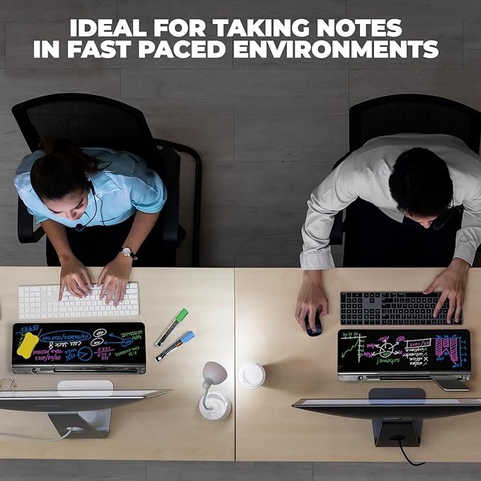 Desktop Whiteboard - Glass Dry Erase White Board - Desk Computer Buddy – Home Office & Studying Essentials - with Phone & Tablet Slot, Storage - Includes 4 Markers, 1 Eraser, Black (2 Pack)