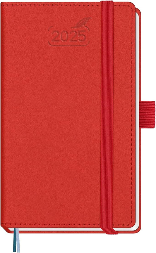BEZEND Pocket Calendar 2025 for Purse 3.5" x 6", 2025 Pocket Planner Daily Weekly & Monthly with Pen Holder, Small Agenda 2025 with Vegan Leather Hard Cover - Red