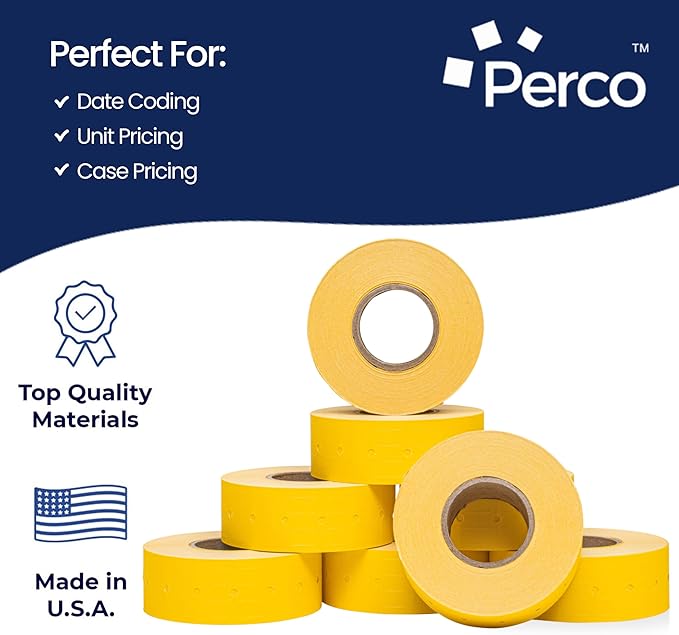 Perco 1 Line Yellow Labels - 32 Rolls, 4 Sleeves, 32,000 Blank Price and Date Gun Labels for Perco 1 Line Price and Date Guns - Made in USA