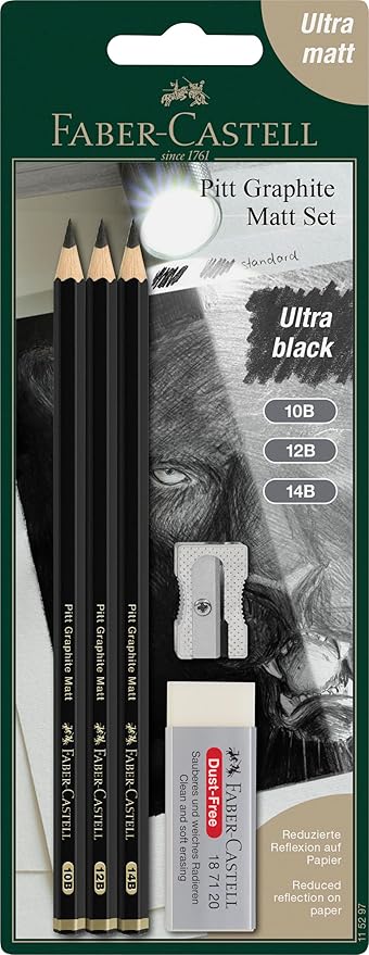 Faber-Castell 3 Count Pitt Graphite Matte Tin - 10B, 12B, 14B - Matte Black Graphite Pencils