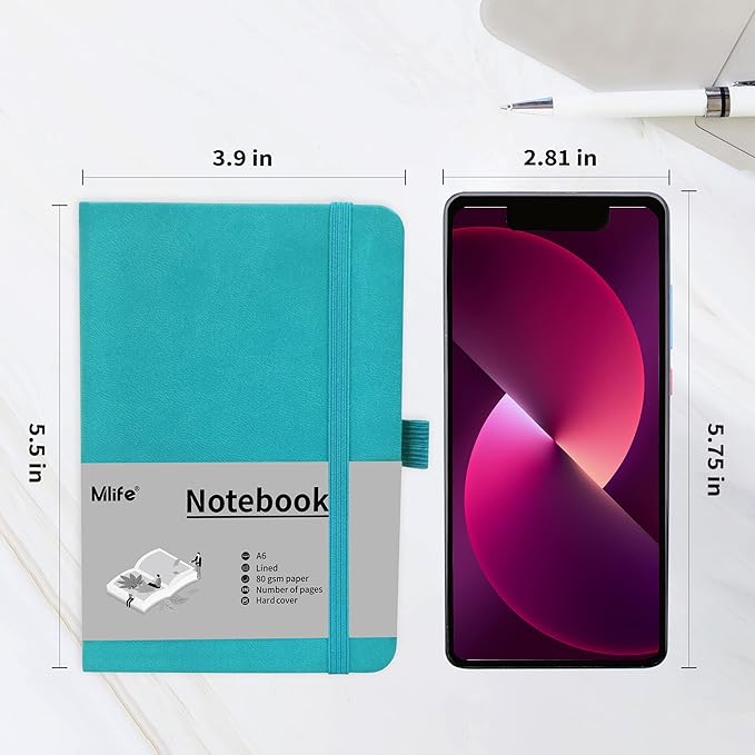 A6 Small Journal Notebook, Lined Pocket Notebook with Pen Holder, Mini Notebook Hardcover, 192 Pages, 3.9 inches * 5.5 inches Jurnal for Women and Man（1PACK Turquoise）