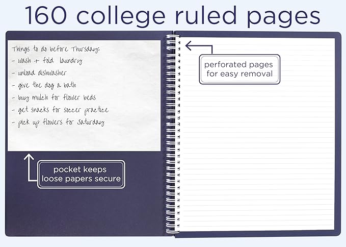 Steel Mill & Co Cute Large Spiral Notebook College Ruled, 11" x 9.5" with Durable Hardcover and 160 Lined Pages, Navy Stripe