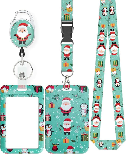 Uniclife Christmas Sliding Badge Holder Cartoon Santa Claus Hard ID Card Holder with Retractable Badge Reel Carabiner & Detachable Lanyard Strap Vertical Card Protector for Women Nurse Teacher Student