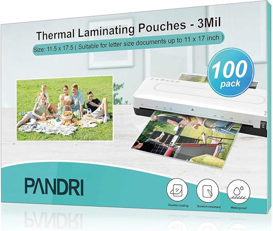 Laminating Sheets, PANDRI 100 Pack Thermal Laminating Pouches Holds 11 x 17 Inch, 3 Mil Plastic Laminator Paper 11.5 x 17.5 Inch, Clear Round Corner