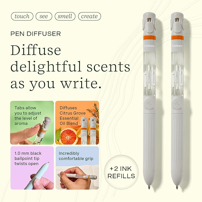 Lifelines Pen Diffuser Set, 2-Pack (Citrus Grove) - 1mm Black Ballpoint Pens with Scented Essential Oil Blends – Aromatherapy Diffuser & Sensory Immersion Diffuse Aroma