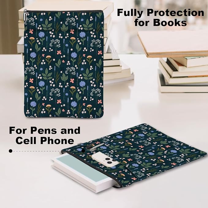 Wildflower Pattern Book Lovers Gifts Waterproof Book Sleeve Book Pouch Book Protector with Zipper and Front Pocket BookCover Case for Women Girl Readers Librarian Book Accessories Book Club Gifts