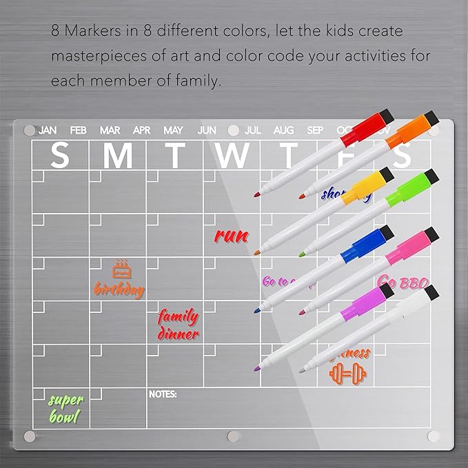 Acrylic Magnetic Dry Erase Board Calendar for Fridge, Clear Monthly and Weekly Planner Whiteboard for Refrigerator, w/ 8 Colors Markers, 15"x11"