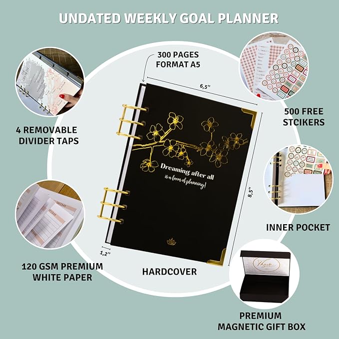 Bossy Girl Journey - Goal Planner Undated Weekly and Monthly Journal - Habit And Budget tracker - A5 Size Format To Beat Procrastination, Stay More Focused and motivated & Ebook with tips. (Black)
