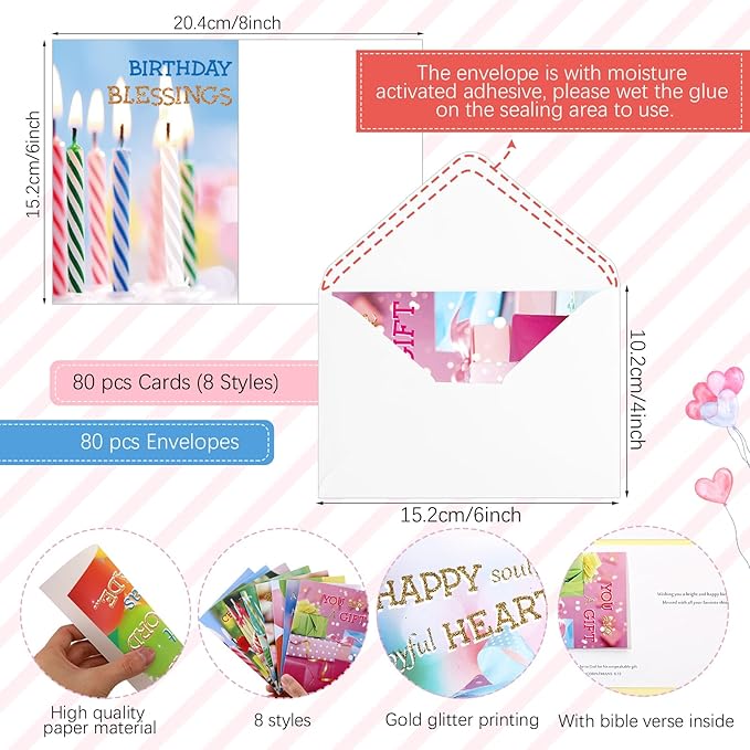 Zhanmai 80 Pack 4 x 6 Inch Religious Christian Birthday Cards Bulk with Scripture Assorted Bible Verse Designs Christian Blessings Birthday Cards with Envelopes (Glitter Style)