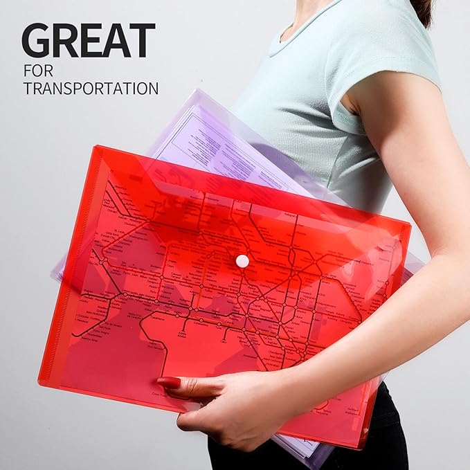 LEOBRO Plastic File Folders, 12 PCS Plastic Folders for Document, A4 Size Plastic Envelopes with Snap Closure, Clear File Folders Document Folders File Bags for School Office, Filling Product