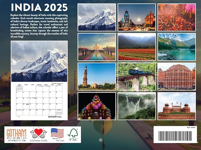 India Calendar 2025 Travel Photo Monthly Wall Calender 12 Month | American Made In The USA