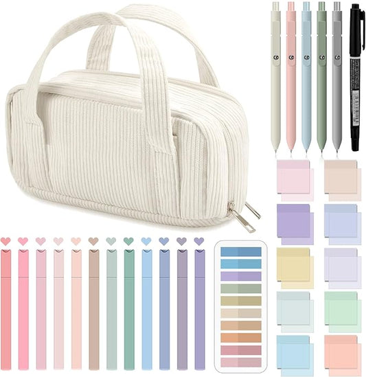 Jutom 39 Pcs Aesthetic Book Annotation Kit Pencil Case Bag with Highlighter Gel Pen 700 Sheets Transparent Sticky Notes Pads Index Tab Bible Study Supplies for School(White,Classic Style)