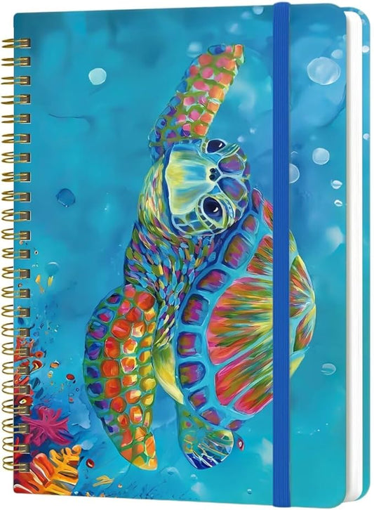 Spiral Notebook - A5 Spiral Notebooks, 8.3'' × 5.8'', 160 Pages, Aesthetic Journaling Notebooks for Women, College Lined Notebook with Elastic Closure, Back Pocket, for School Office, TurtleA