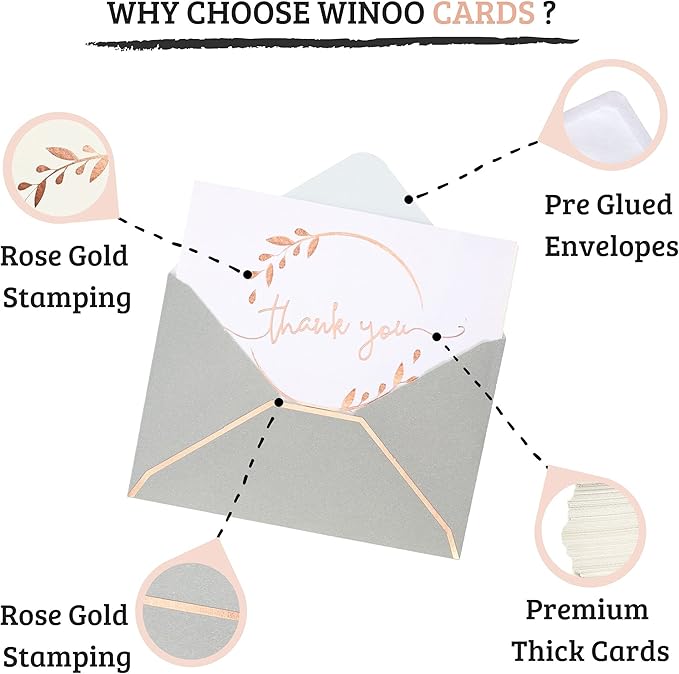 Winoo Design Heavy Duty Thank You Cards with Envelopes - 36 PK - Gold Thank You Notes 4x6 Inches Baby Shower Thank You Cards Wedding Small Business Graduation Funeral Bridal Shower (Rose Gold)