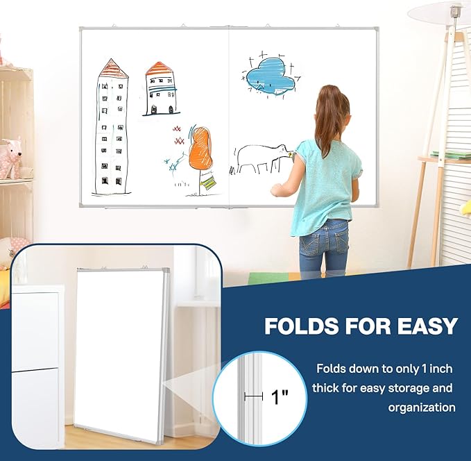 WALGLASS Large White Board Dry Erase Board, 72" x 40" Double-Sided Foldable Dry Erase Board for Wall, Magnetic Whiteboard for Office, Home, School, Kitchen