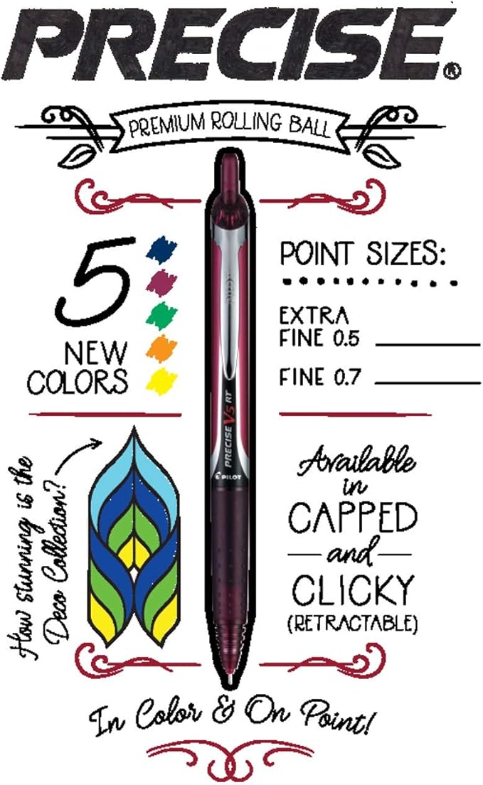 Pilot, Precise V5 RT Refillable & Retractable Rolling Ball Pens, Extra Fine Point 0.5 mm, Assorted Colors, Tub of 48