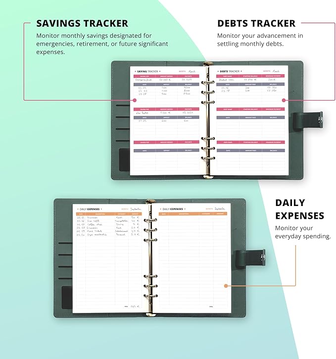 Budget Planner 12 Months Undated A5 Binder Pu Leather Hard Cover, Erasable Pen, Bill Organizer, Money Envelopes for Cash 12pcs Transparent Bags, Budget Binder with Silver Rings, Ideal Book Organizer