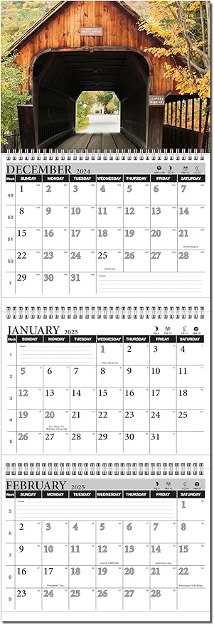 Calendar Company 2025 3 Month At a Glance Wall Calendar with Scenic Covered Bridge. (FREE RED DATE SLIDE!) Made in the USA! (12_CoveredBridge)