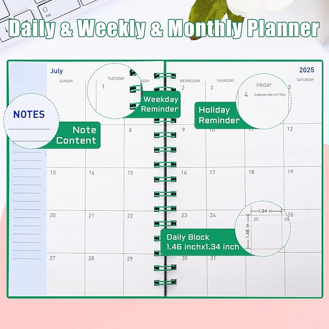 Academic Planner 2025-2026, Weekly and Monthly 2025-2026- From January 2025 - June 2026, Planning Calendar 2025-2026, 5.7" x 8.2", Dark Green