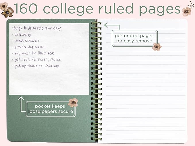 Steel Mill & Co Cute Green Mini Spiral Notebook, 8.25" x 6.25" Journal with Durable Hardcover and 160 Lined Pages, Woodland Floral