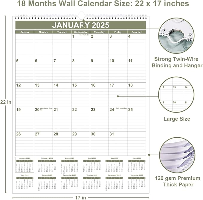 Large Calendar 2025-2026 with Spiral Bound - 18 Month Big Calendar from Jan 2025 to Jun 2026, Vertical Large Monthly Calendar 2025-2026 for Wall, Calendario 2025, 22" x 17", Cyan