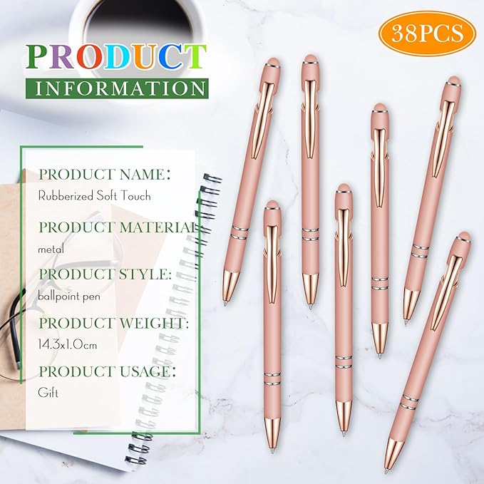 Zonon 38 Pieces Rubberized Ballpoint Pen with Stylus Tip Stylish Metal Pen Capactive Styli with Soft Rubberized Grip, Black Ink for Most Devices(Rose Gold)
