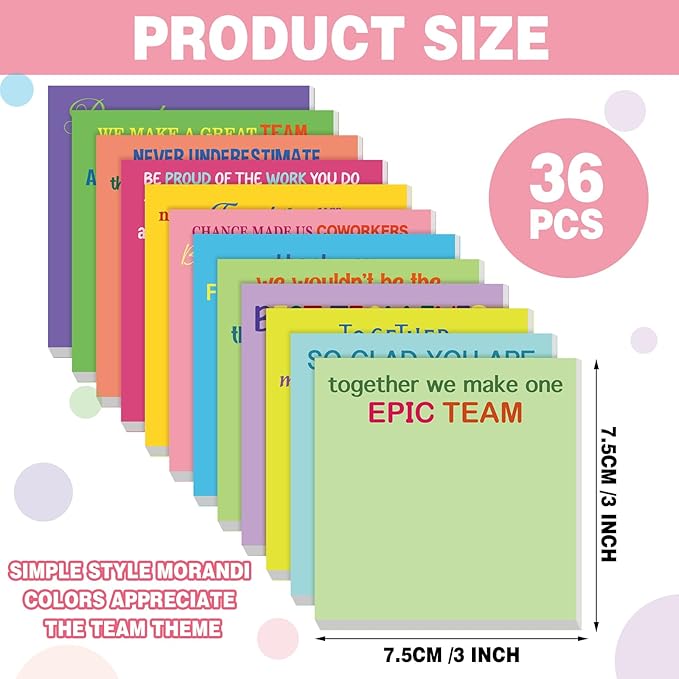 Yinder 24 Pcs Team Sticky Notes Team Appreciation Gifts Bulk Employee Coworker Inspirational Sticky Notes Pad Appreciation Gifts for Teacher Nurse Office Supplies 3 x 3''(Bright Color,Appreciation)