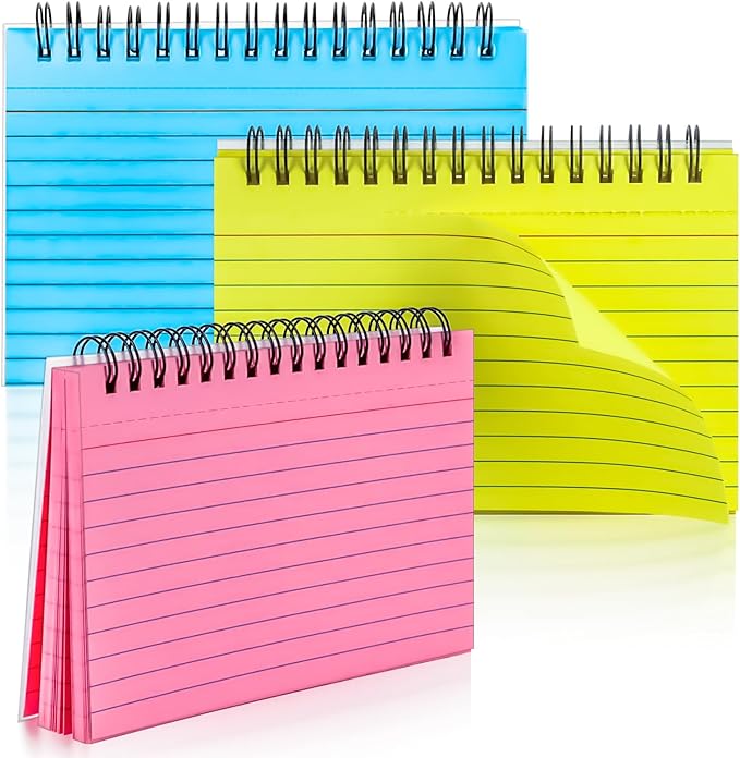 MotBach 150 Sheets Spiral Ruled Index Cards, 6 x 4 Inch, 3 Colors Spiral Bound Lined Index Cards Learning Note Cards Flash Cards with PP Cover for Memory Learning Home School Office To Do List