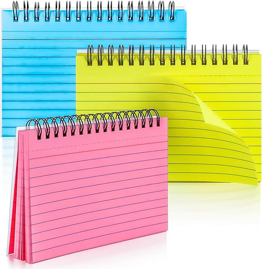 MotBach 150 Sheets Spiral Ruled Index Cards, 6 x 4 Inch, 3 Colors Spiral Bound Lined Index Cards Learning Note Cards Flash Cards with PP Cover for Memory Learning Home School Office To Do List