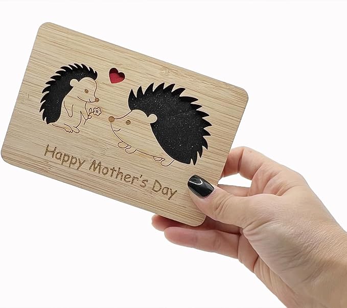 Mothers Day Cards,Handmade Bamboo Greeting Cards,Wooden Thankyou Card,Mother's day Card for Mom,Mum,Hedgehog mom