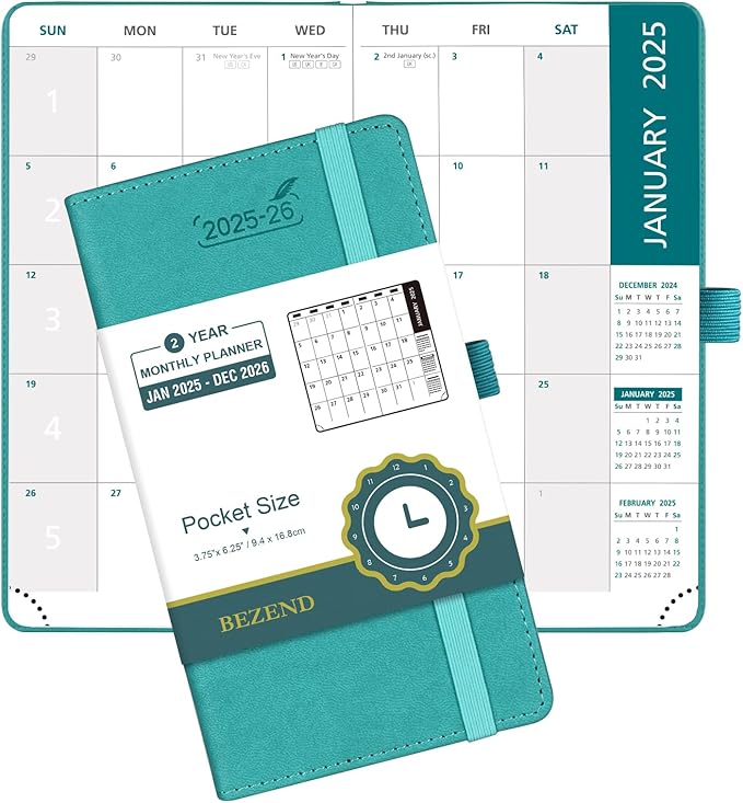 BEZEND 2 Year Pocket Calendar 2025-2026 - Small Monthly Planner for Purse 6.5" x 3.5", Runs Jan 2025 to Dec 2026, 100 GSM Paper, Pen Loop & Notes, PU Leather Hardcover in Turquoise