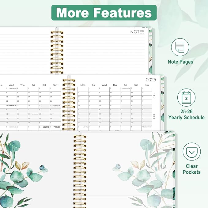 SUNEE 2-Year Monthly Planner 2025-2026 (Jan 2025 - Dec 2026) 7"x10" Monthly Spreads & Yearly Planner, Greenery