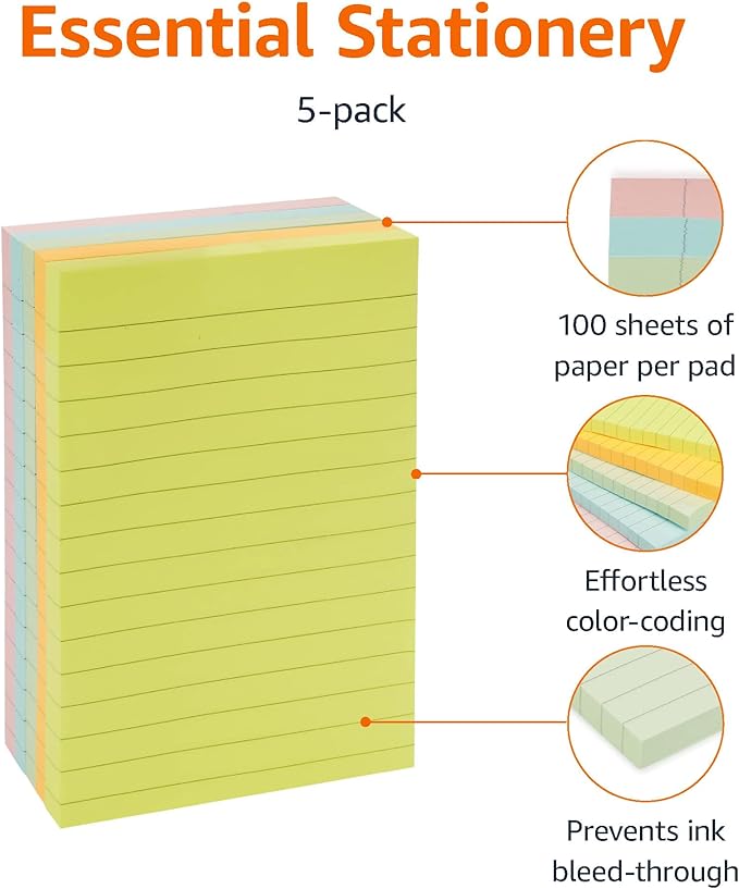 Amazon Basics Sticky Note Pads, Lined, 4x6, Rectangular, Assorted Colors, Pack of 5