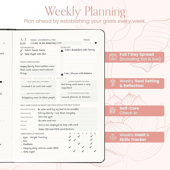 2025 Planner, Daily Journal & Gratitude Journal All-In-One with To Do List, Self Care Prompts & Habit Tracker - 7 x 10 - Pink