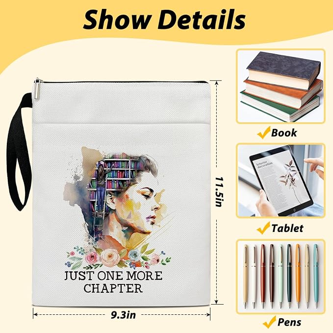 Just One More Chapter - Flowers Book Sleeve, Book Lovers Gifts Book Pouch Book Sleeve with Zipper and Front Pocket Reader Gifts Birthday Gifts for Adult Teen Teacher -09