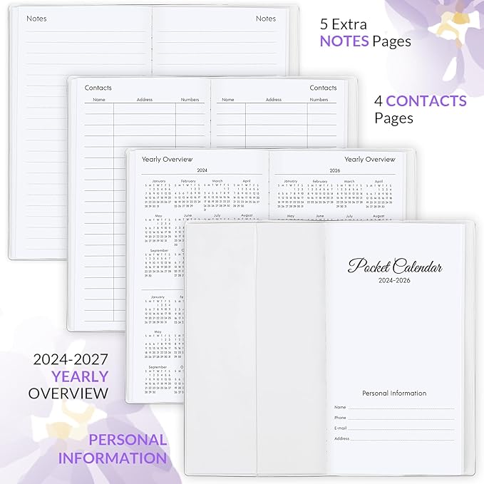Pocket Calendar 2025-2026, Purple Monthly Planner 2025-2026 - 3.7" x 6.7" - Runs from January 2025 Until December 2026, Small Pocket Calendar 2025 with PVC Cover for Planning