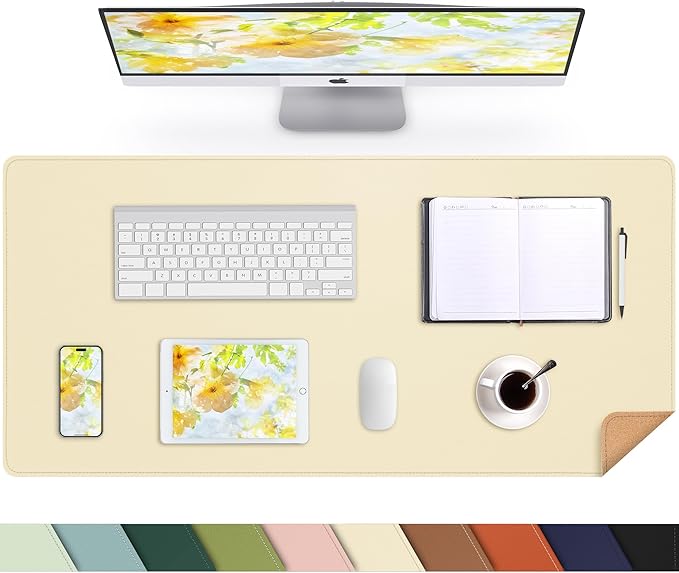 Leather Desk pad Protector, Large Desk mat with Natural Cork & PU Leather,Mouse pad,Non-Slip Office Desk Mat,Waterproof Desk Writing Pad for Office and Home (35in*17in, Apricot)