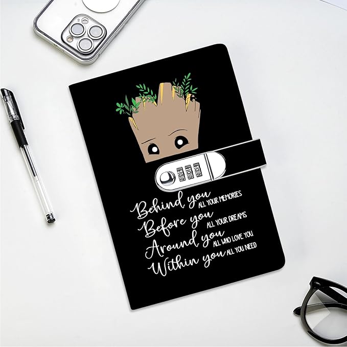 Funny Groot Gifts Leather Combination Lock Notebook Always Remember You’re Braver Than You Believe Leather Locked Journal Notebook Birthday Gifts for Daughter Son (behind you)