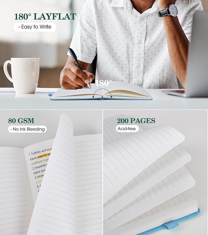 Lined Journal Notebook for Men Women, A5 Leather Journals for Writing, Blue 200 Pages College Ruled Journal Notebook, Travel Daily Journal Notebook for Work School, Note Taking 5.75'' X 8.38''