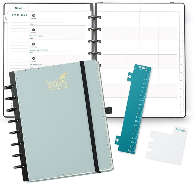 BEZEND Life Planner 2025 Weekly & Monthly Family Organizer with 6 Columns 7" x 9" - Agenda 2025 Family Calendar with Tabs, Pocket & Tear-off Shopping List, Disc Bound Flexible Cover - Dutch Blue