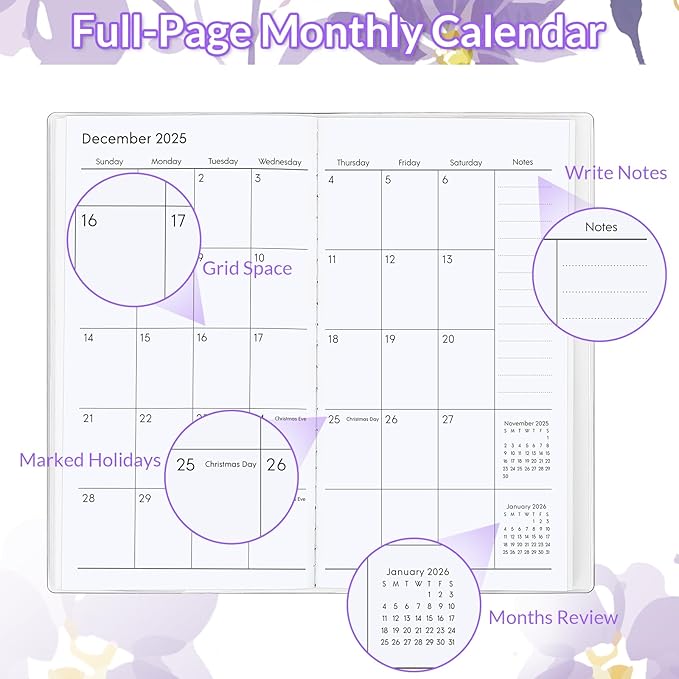 Pocket Calendar 2025-2026, Purple Monthly Planner 2025-2026 - 3.7" x 6.7" - Runs from January 2025 Until December 2026, Small Pocket Calendar 2025 with PVC Cover for Planning