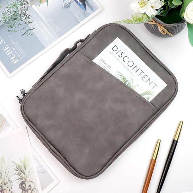 Grey Book Sleeve with Zipper PU Book Covers 11"×9" Book Pouch Washable Book Protector Cloth Book Case Bags for Book Lovers Office Document