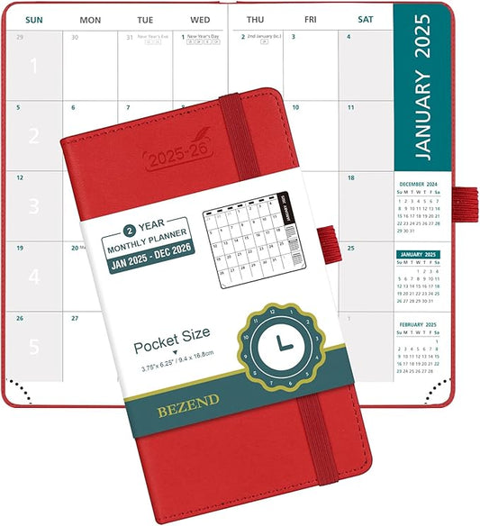 BEZEND 2 Year Pocket Calendar 2025-2026 - Small Monthly Planner for Purse 6.5" x 3.5", Runs Jan 2025 to Dec 2026, 100 GSM Paper, Pen Loop & Notes, PU Leather Hardcover in Red