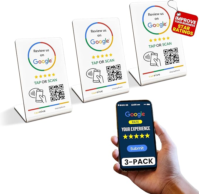 Tap Google Review Stands (3-Pack) Tap for Instant Reviews - All Phones Compatible - Reusable Smart Tap NFC & QR - Boost Business Reviews Zappy Fast - Powered (White, 3 Stands)