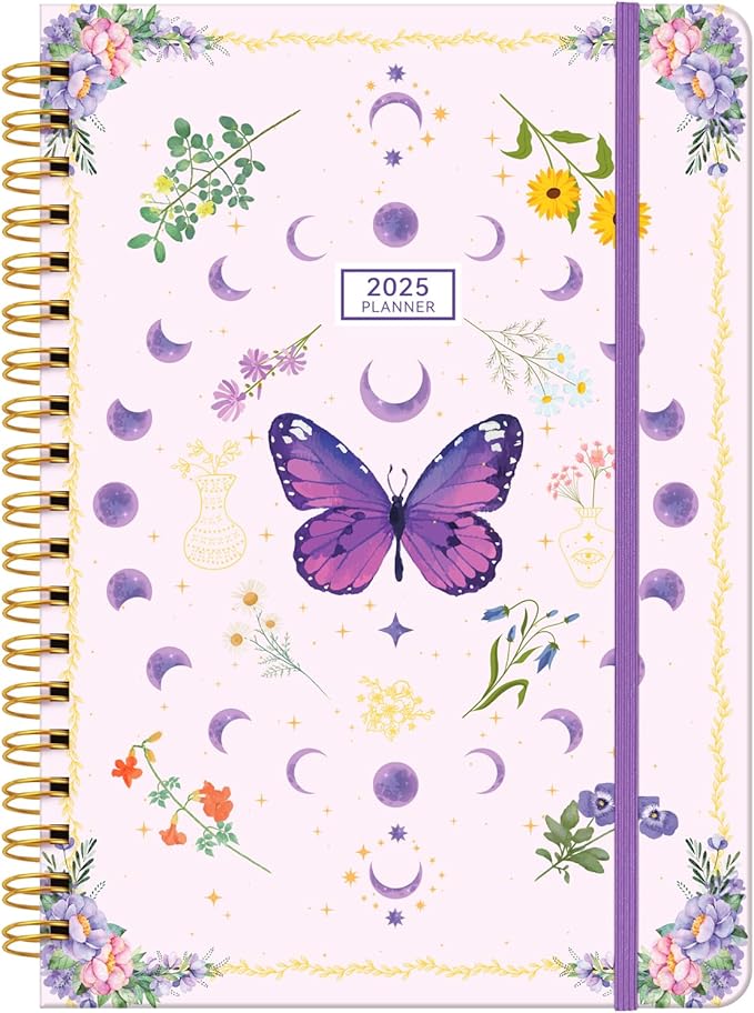 2025 Planner Weekly & Monthly Agenda Book, Daily Planner Hardcover, 2025 To Do List Notebook with Monthly Tabs, Pocket, Spiral Bound, Elastic Closure, Thick Paper(7.5 * 10.2) Butterfly